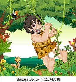 illustration of animals, birds and man in a beautiful nature