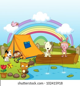 Illustration of animals camping and fishing