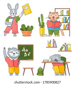 Illustration of animals in a classroom. Collection of funny cartoon animals students. Back to school set. Characters of forest inhabitants get an education, studying with books, siting at a desk