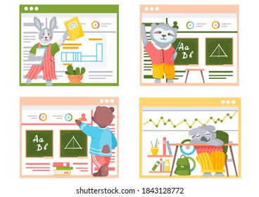 Illustration of animals in a classroom. Collection of funny cartoon animals students. Back to school set. Characters of forest inhabitants get an education, studying with books, siting at a desk