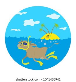 Illustration of animals. illustration illustration.The cowboy swims in a mask and fins. Cute cartoon characters