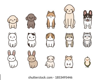 The illustration of animals. dog and cat and rabbit and ferret and hamster and birds. front.