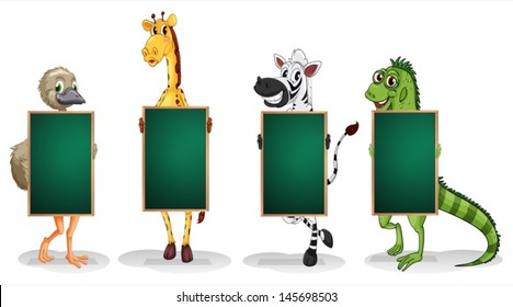 Illustration of the animals with empty blackboards on a white background 