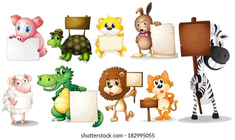 Illustration of the animals with empty signboards on a white background