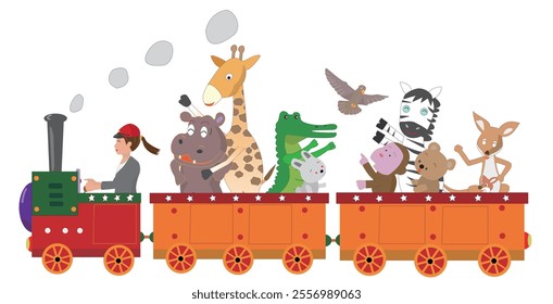 Illustration of animals enjoying a steam locomotive ride.