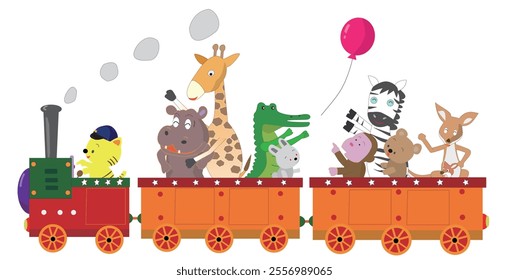 Illustration of animals enjoying a steam locomotive ride.