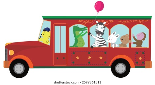 Illustration of animals having fun riding a retro bus.
