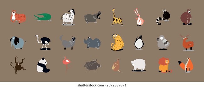 Illustration of animals including a tiger, crocodile, penguin, owl, deer, monkey, panda, flamingo, boar, mouse, lion, and fox on a brown background. Animal illustrations, vector set.