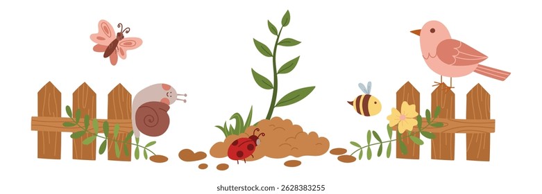 Illustration of animals and insects in early spring. birds, snails on the fence, ladybug. Spring illustration of flowering plants. Color flat illustration. Suitable for spring postcards, prints, blog