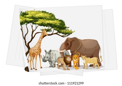 illustration of Animals in jungle on a paper on a white