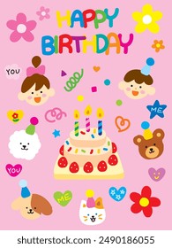 Illustration of animals and people gathering to celebrate a birthday
