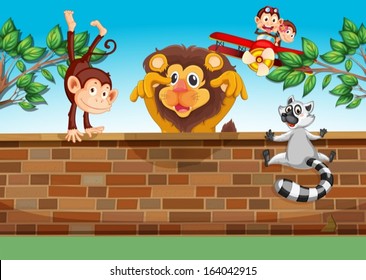 Illustration of the animals playing at the gated backyard
