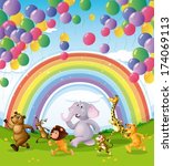Illustration of animals racing below the floating balloons and rainbow