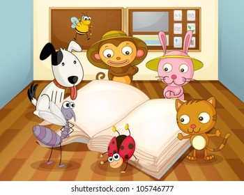 illustration of a animals reading book in classroom
