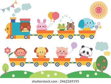 Illustration of animals riding on a train