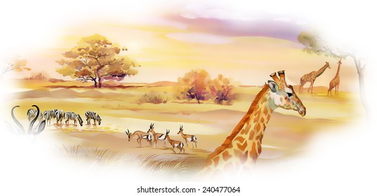 Illustration of animals in savannah on white background vector illustration