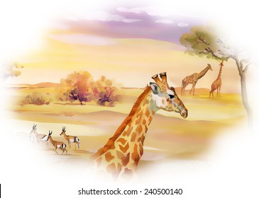 Illustration of animals in savannah on white background vector illustration