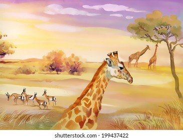 Illustration of animals in savannah vector 