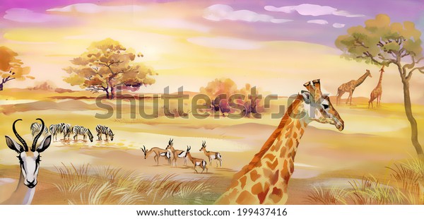 Illustration of animals in savannah vector 
