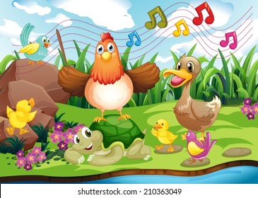 Illustration the animals singing at the riverbank