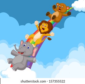 Illustration of Animals Sliding Down a Rainbow