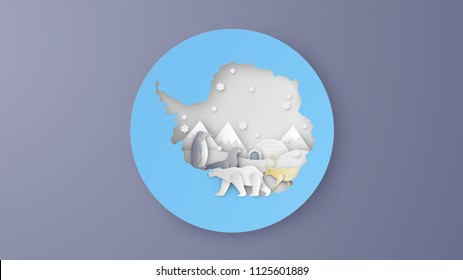 Illustration of animals in South Pole around the world. Polar animals in Antarctica. Concept design world with animals of Antarctica. Graphic for Polar animals. paper cut and craft style. vector.