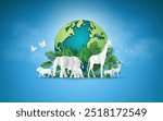  Illustration of animals standing around Earth globe, symbolizing wildlife preservation and harmony with nature.