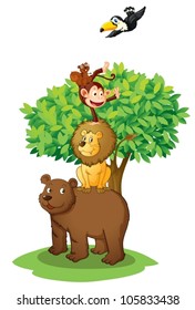 illustration of animals under the tree on white
