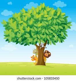 illustration of animals under the tree on white