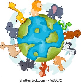 Illustration of Animals Walking Around a Globe