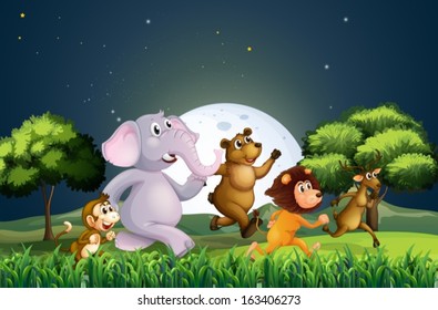 Illustration of the animals walking in the middle of the night