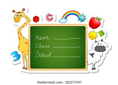 illustration of animals,fruits and other education object around chalk board