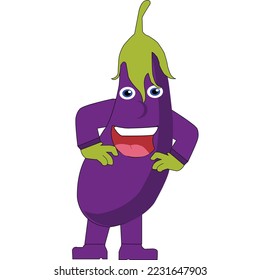 Illustration of animated eggplant looking so happy with arms around it looks so cool