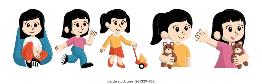 Illustration of an animated girl in different poses, displaying everyday childhood activities with cheerful and playful elements.