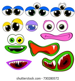 Illustration of animated monsters eyes and mouths for children, T-shirts and Halloween