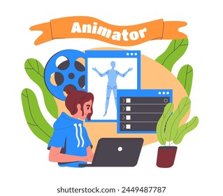 Illustration of an animator working on a computer, with a film reel and animation software interface in the background, on a colorful backdrop. Flat vector illustration