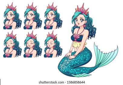 Illustration of anime mermaid and her expressions set. Cyan fish tail, cyan hair and cute big blue eyes. Hand drawn vector illustration. 