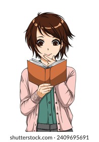 Illustration of anime style of a girl reading a book with white background isolation