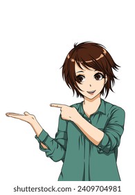 Illustration of an anime style girl showing something in her hand in isolation on a white background