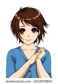 Illustration of anime style of a girl who expects something isolated on a white background