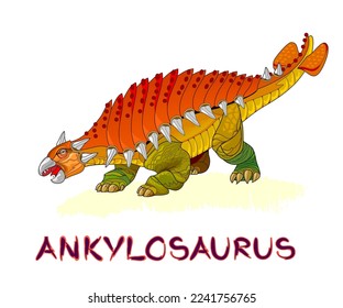 Illustration of ankylosaurus. Prehistoric extinct dinosaur. Jurassic world animals. Isolated drawing on white background. Print for fabric, kids clothes, embroidery, wallpaper. Flat cartoon vector.