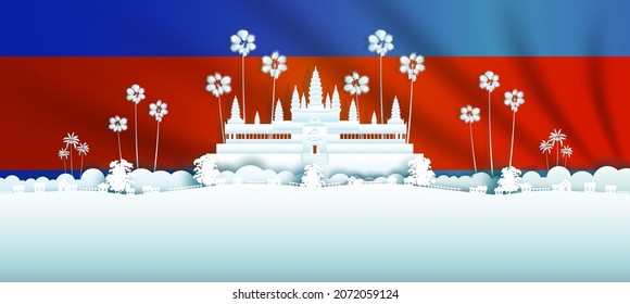 Illustration Anniversary celebration Cambodia day with Cambodia flag background. Travel landmarks ancient city architecture of khmer in phnom penh, paper art, paper cut style. Vector illustration