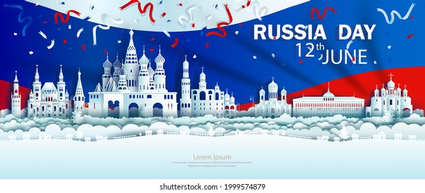 Illustration Anniversary celebration independence Russia day in background Russia flag, Travel landmarks architecture of russia in moscow and saint petersburg in paper cut style. Vector illustration