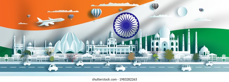 Illustration Anniversary celebration India day in national flag background with Travel landmarks architecture of India in mumbai with origami paper art, paper cut. Vector illustration.