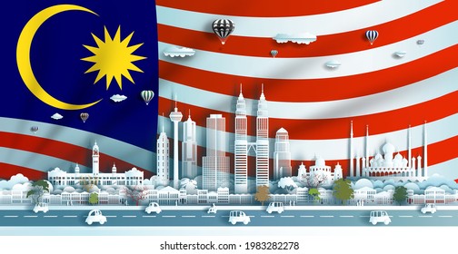 Illustration Anniversary celebration Malaysia day in national flag background with Travel landmarks architecture of Malaysia in kuala lumpur with origami paper art, paper cut. Vector illustration.