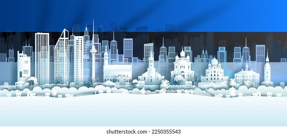 Illustration anniversary landmark Estonia day in Estonian flag background with Travel landmarks architecture in tallinn and alexander nevsky, in paper art, paper cut style. Vector illustration