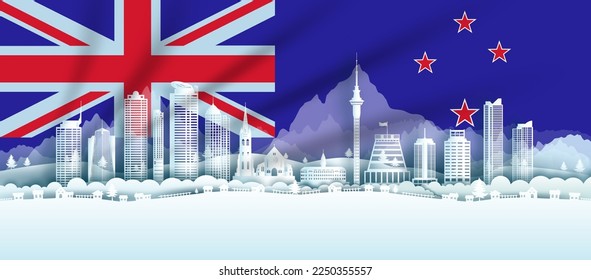 Illustration anniversary New Zealand day in New Zealand flag background with Travel landmarks architecture in Auckland, wellington and Cyril Bassett, in paper art, paper cut style. Vector illustration