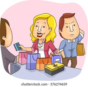 Illustration of an Annoyed Husband Waiting for His Wife as She Shops
