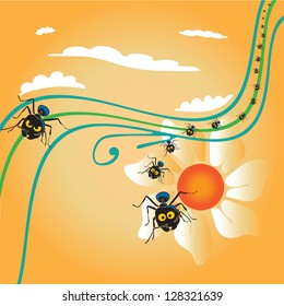 Illustration of ant colony on orange flower background