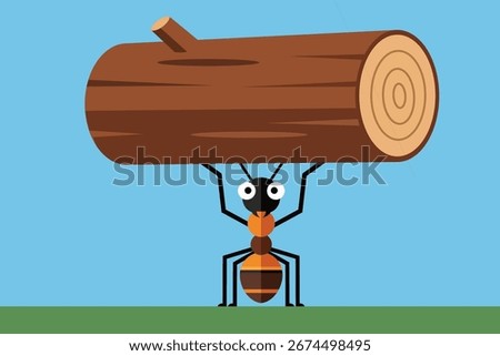 Illustration of an ant demonstrating strength by lifting a heavy wooden log. Represents resilience, determination, and hard work in a minimalistic vector design.